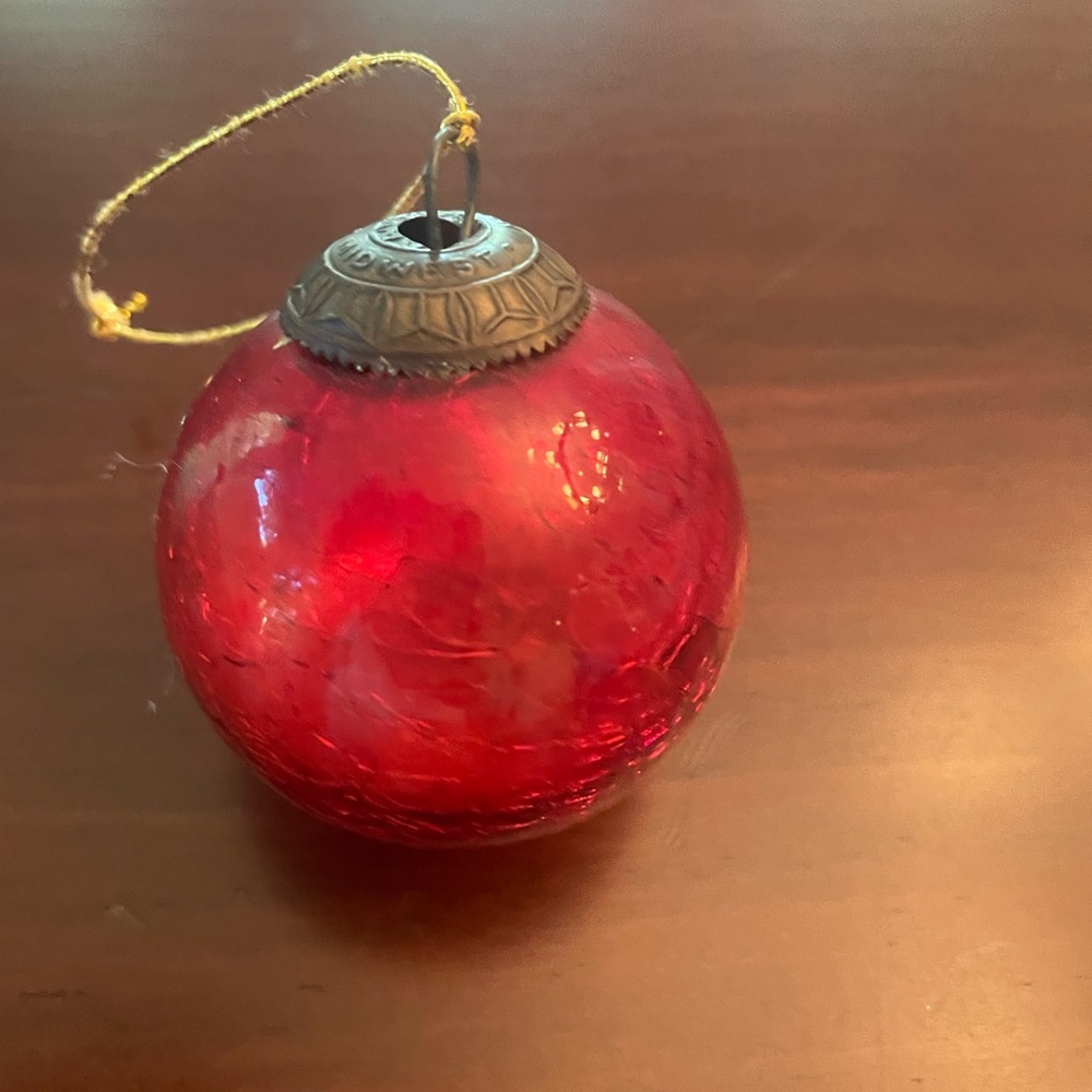 Vintage German Kugel Red Crackle Glass Holiday Ornament. Heavy, marked, EUC